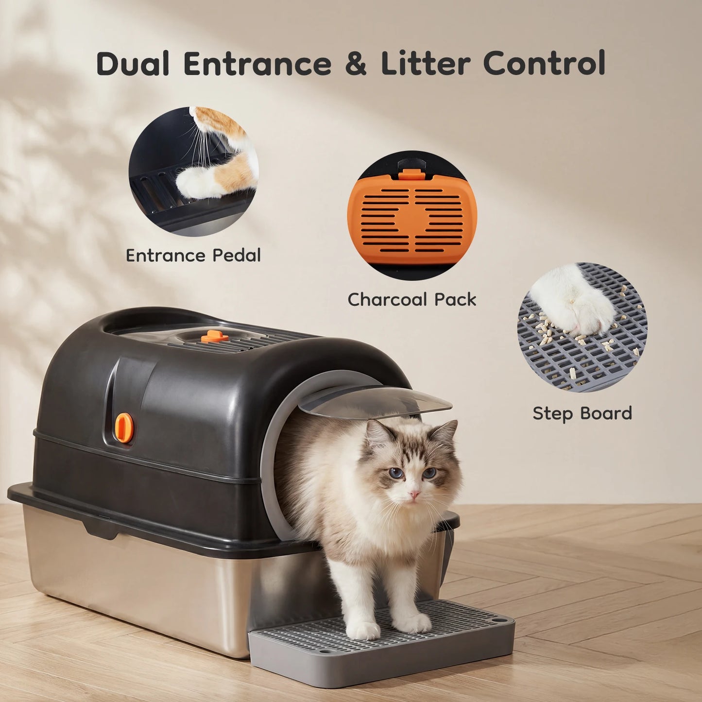 Stainless Steel Cat Litter Box Fully Enclosed With Scoop Mat