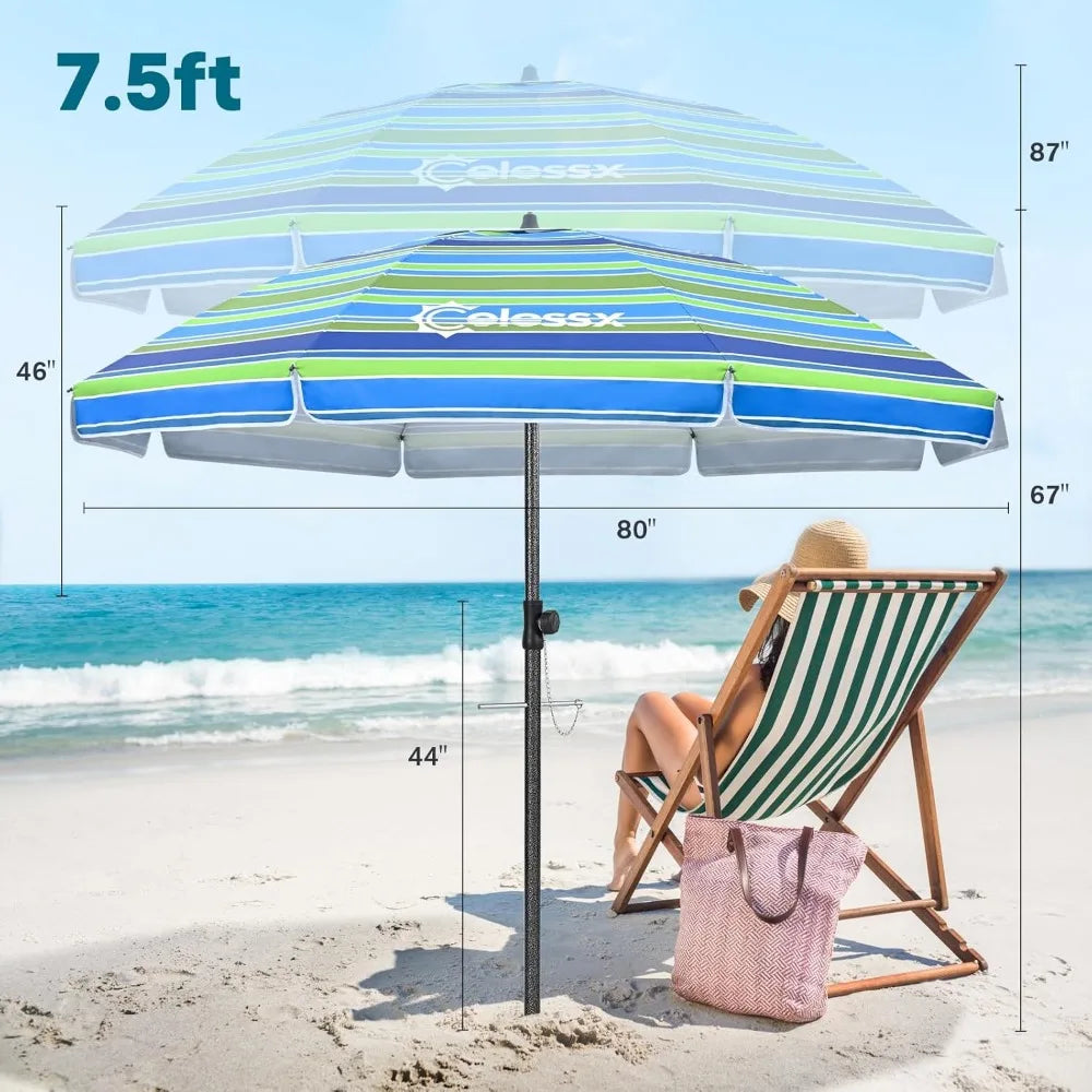 Heavy Duty Windproof Beach Umbrella with Sand Anchor UPF50 UV Tilt Portable Sun Shade for Outdoor Use