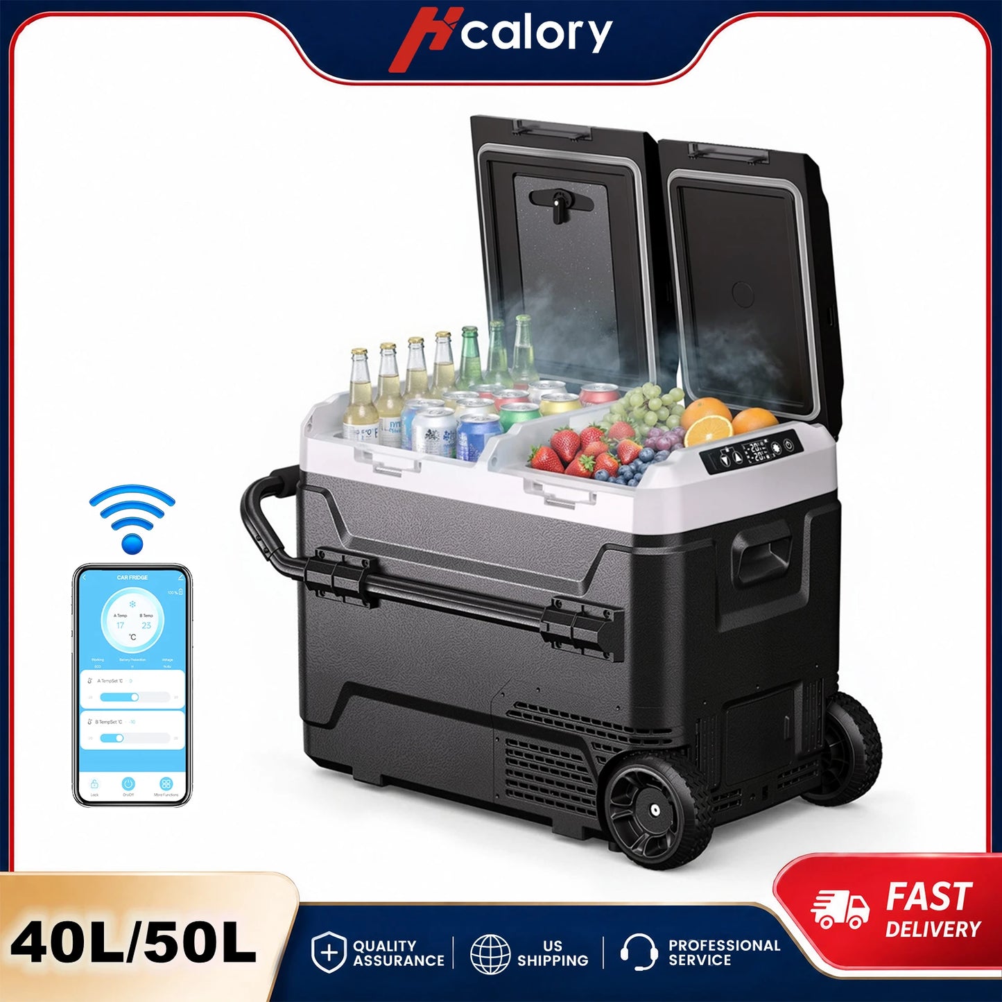 Hcalory PM+ Series Car Refrigerator 40L 50L Independent Dual Zone Smart App -20°C to 20°C 12V 24V 230V Wheels Divider 45dB Quiet for Motorhome Truck Camping