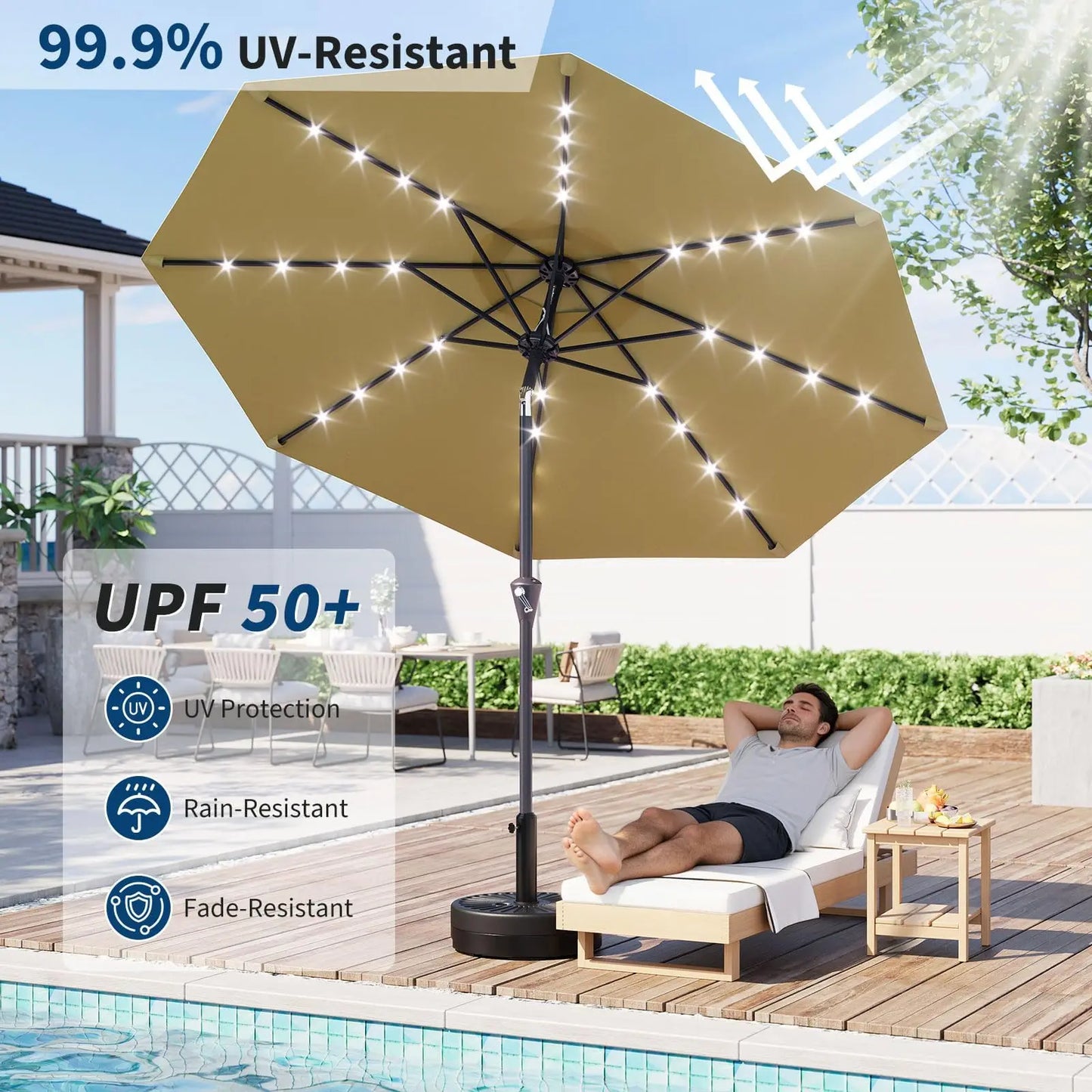 10FT Solar Powered Patio Umbrella With 32 LED Lights Khaki Large Outdoor Parasol Crank Lift And Push Button Tilt System 8 Sturdy Ribs UV Protection Waterproof Sun Umbrella For Garden Pool And Table