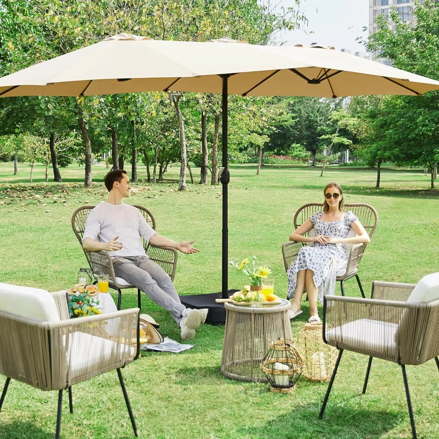 Double Sided Twin Patio Market Umbrella With Base Included