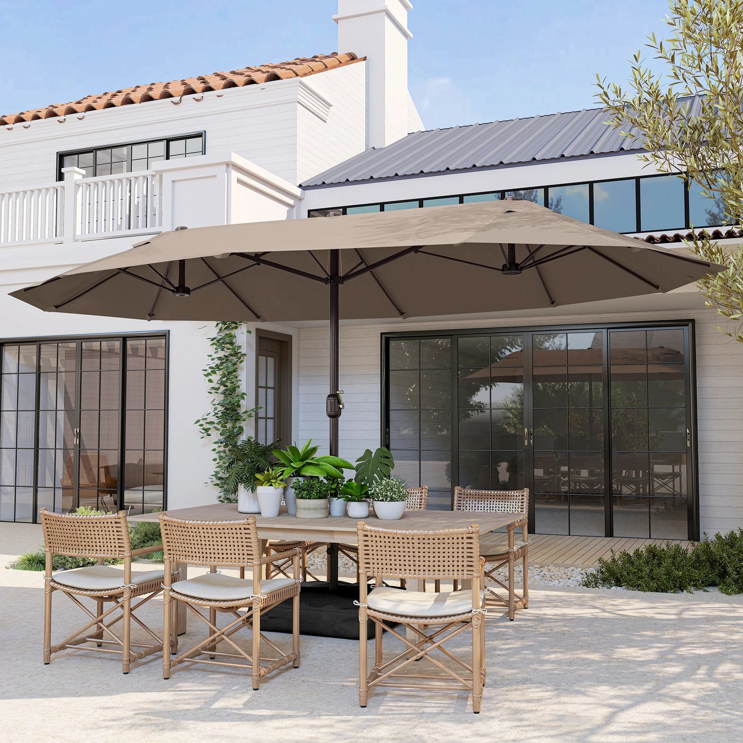 Patio Umbrella 15' Steel Rectangular Outdoor Double Sided Market with Base, Sun Protection & Easy Crank for Deck Pool Patio, Coffee