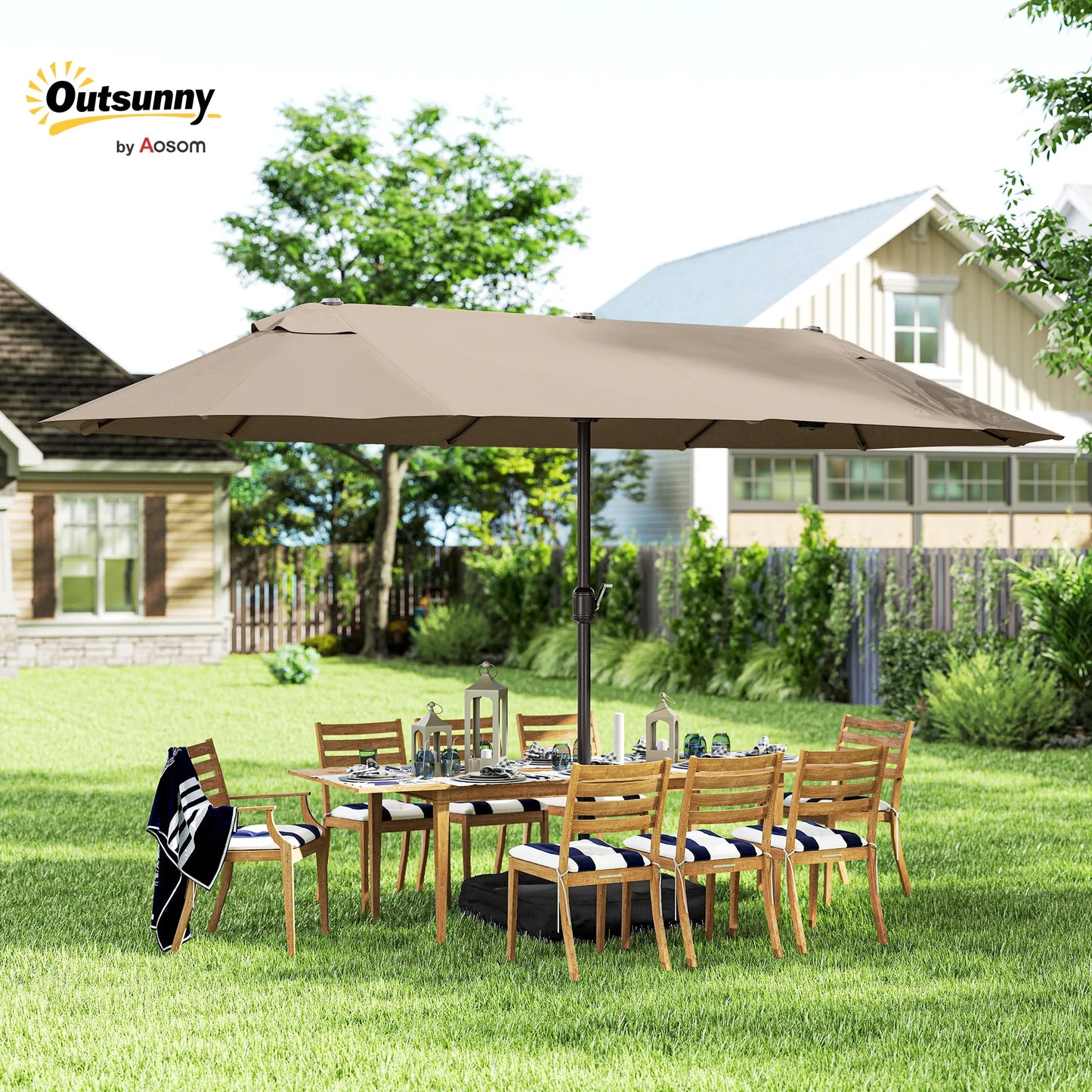 Patio Umbrella 15' Steel Rectangular Outdoor Double Sided Market with Base, Sun Protection & Easy Crank for Deck Pool Patio, Coffee