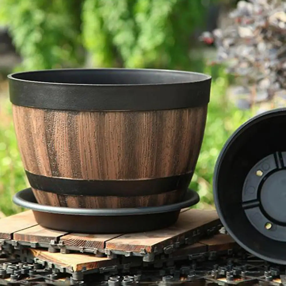 Rustic Faux Wood Whiskey Barrel Garden Planter With Drainage Holes