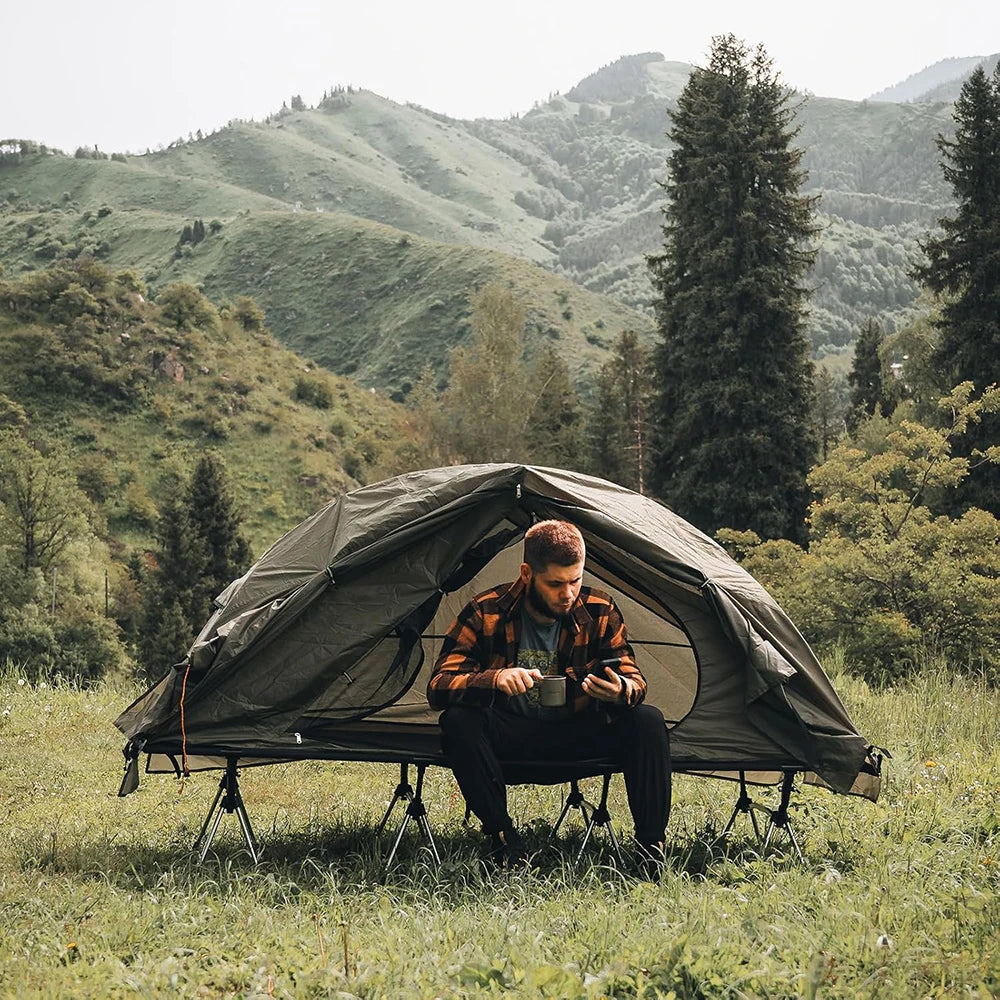 Night Cat Camping Cot Tent - Waterproof 1-Person Off-Ground Combo Cot Bed for Adults Outdoor Camping Fishing Hunting Portable Easy Set-up Tent