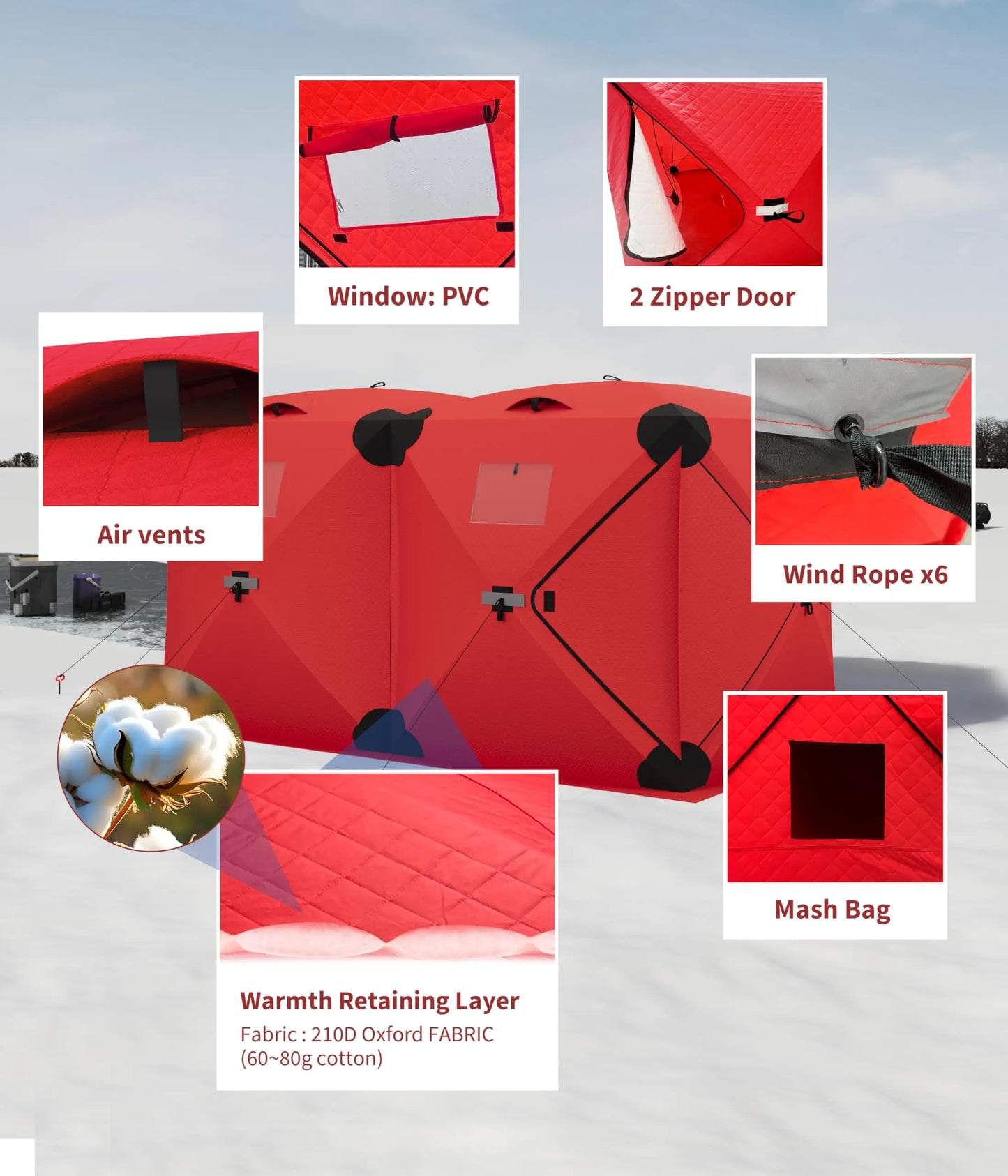 Pop Up Ice Fishing Tent Insulated Ice Fishing Shelter Portable Hub-Style Shelter Shanty Windproof and Warm, Multiple Sizes for 3-4 Person, Red, 6x6x6.6 Ft