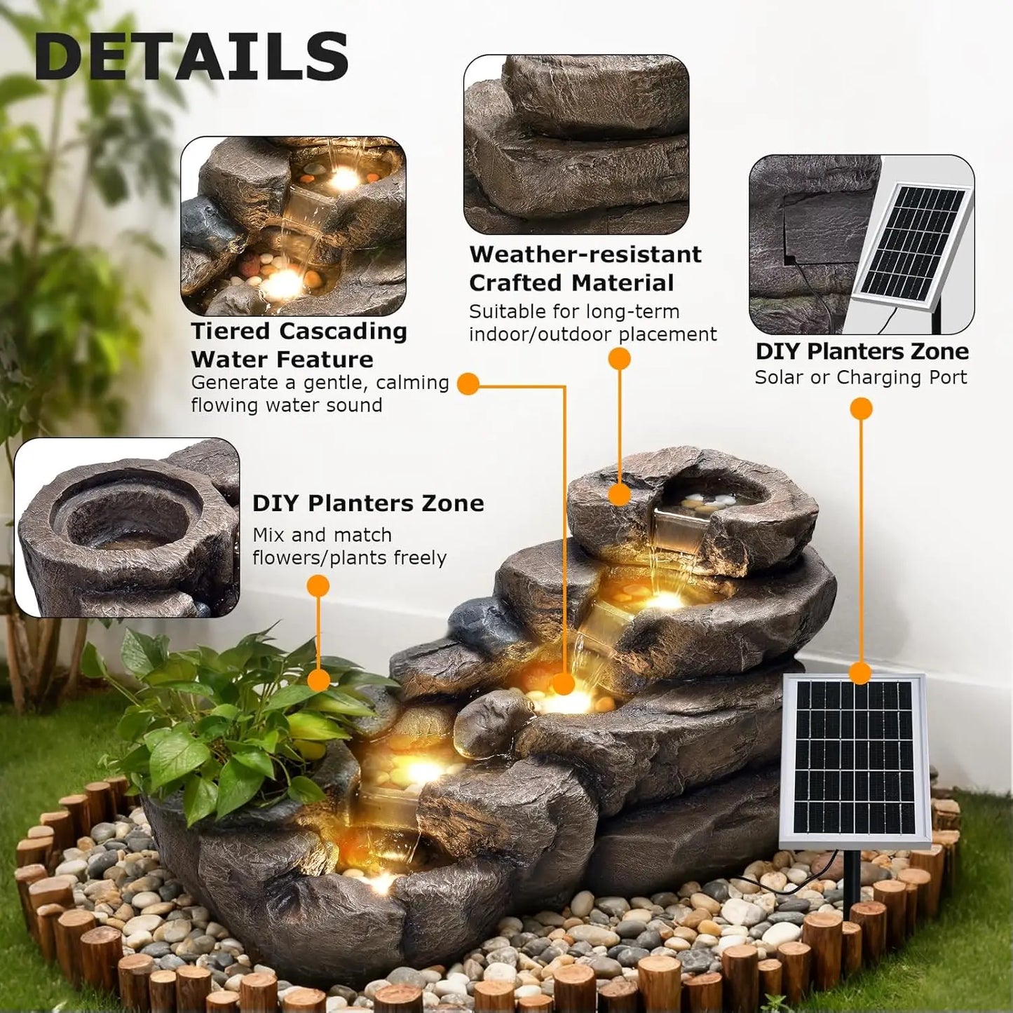 Solar Powered 5-Tier Rock Water Fountain Outdoor Garden