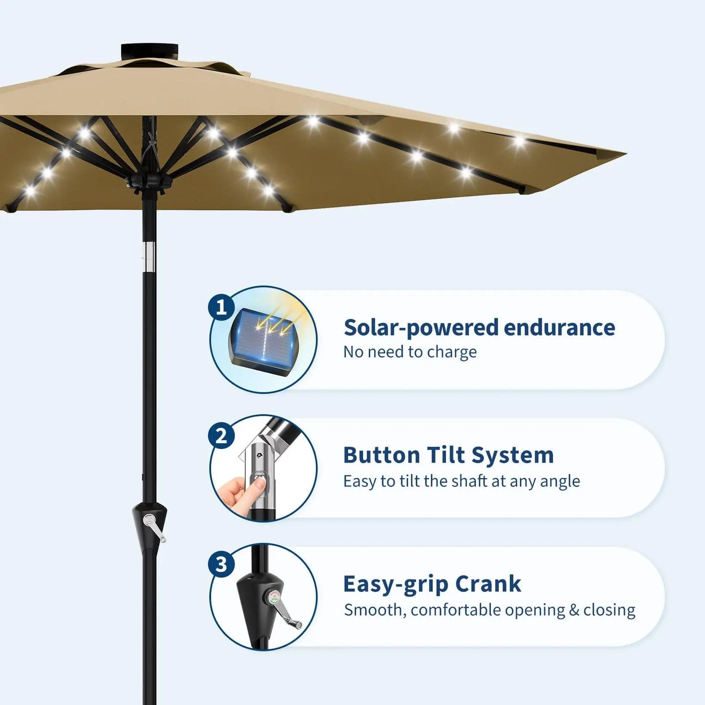 10FT Solar Powered Patio Umbrella With 32 LED Lights Khaki Large Outdoor Parasol Crank Lift And Push Button Tilt System 8 Sturdy Ribs UV Protection Waterproof Sun Umbrella For Garden Pool And Table