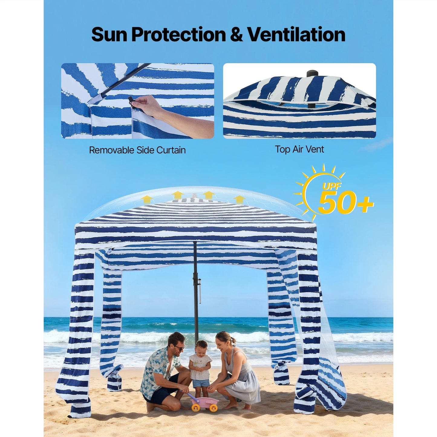 VEVOR Beach Cabana 6 x 6ft/8 x 8ft Beach Canopy with Side Wall Shade Sun Shelter Umbrella with Sand Pockets for Whole Family