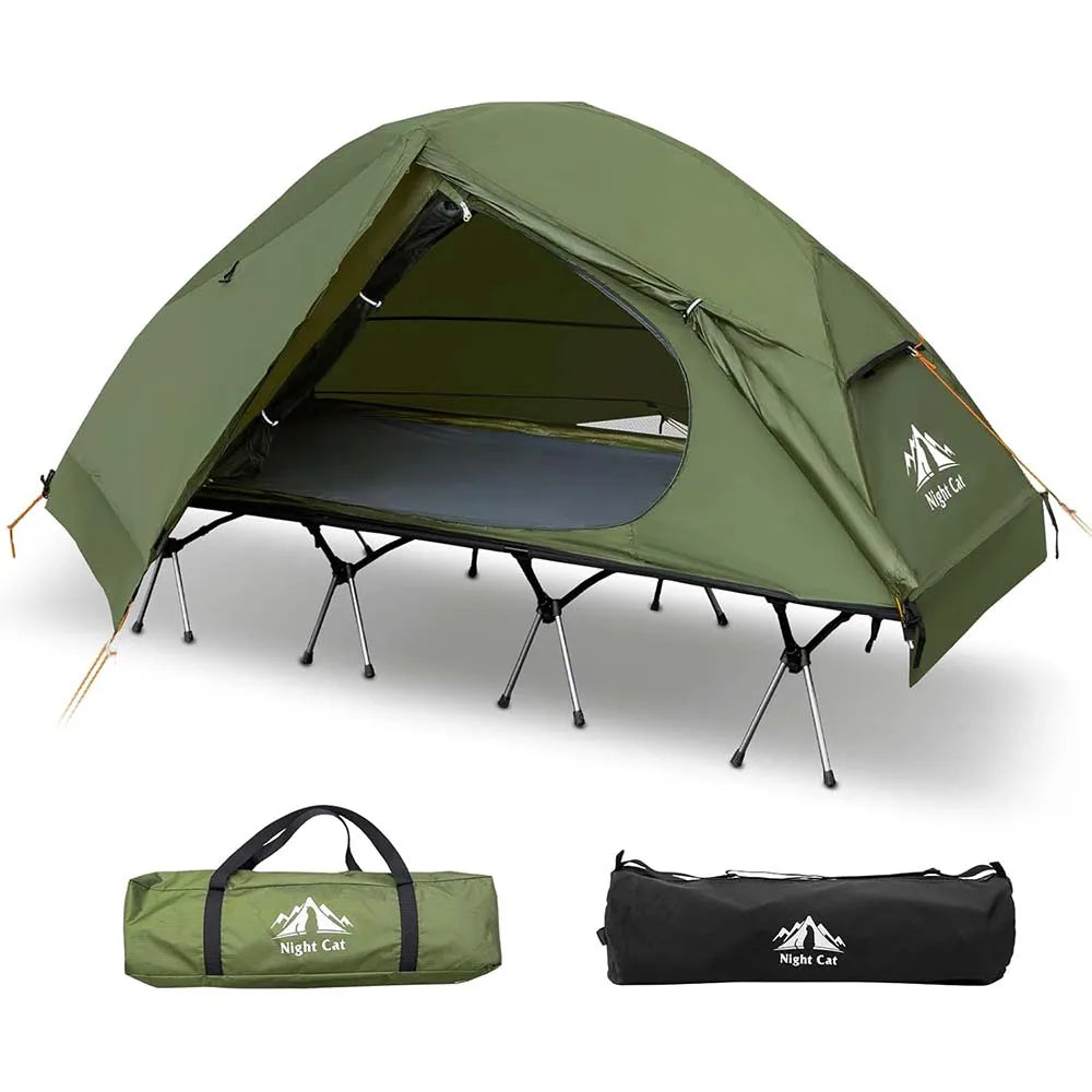 Night Cat Camping Cot Tent - Waterproof 1-Person Off-Ground Combo Cot Bed for Adults Outdoor Camping Fishing Hunting Portable Easy Set-up Tent