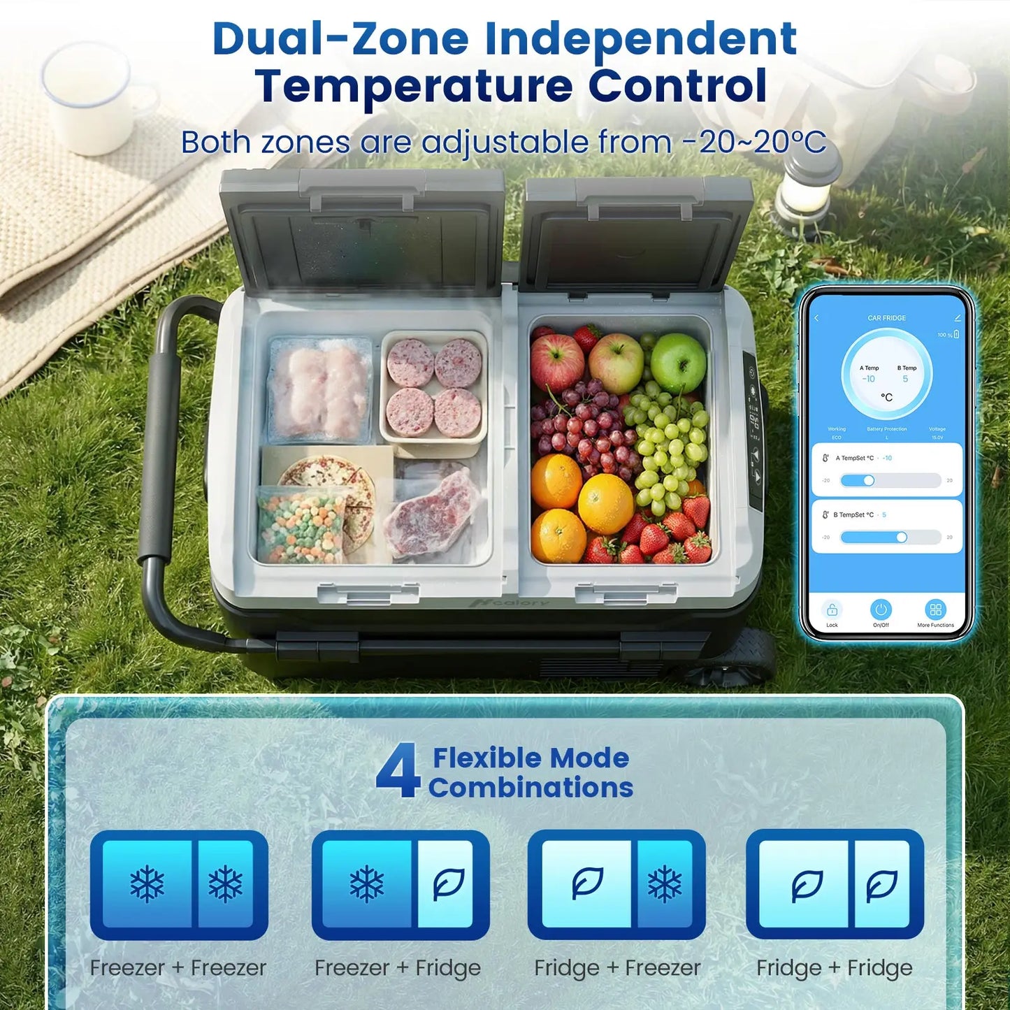 Hcalory PM+ Series Car Refrigerator 40L 50L Independent Dual Zone Smart App -20°C to 20°C 12V 24V 230V Wheels Divider 45dB Quiet for Motorhome Truck Camping