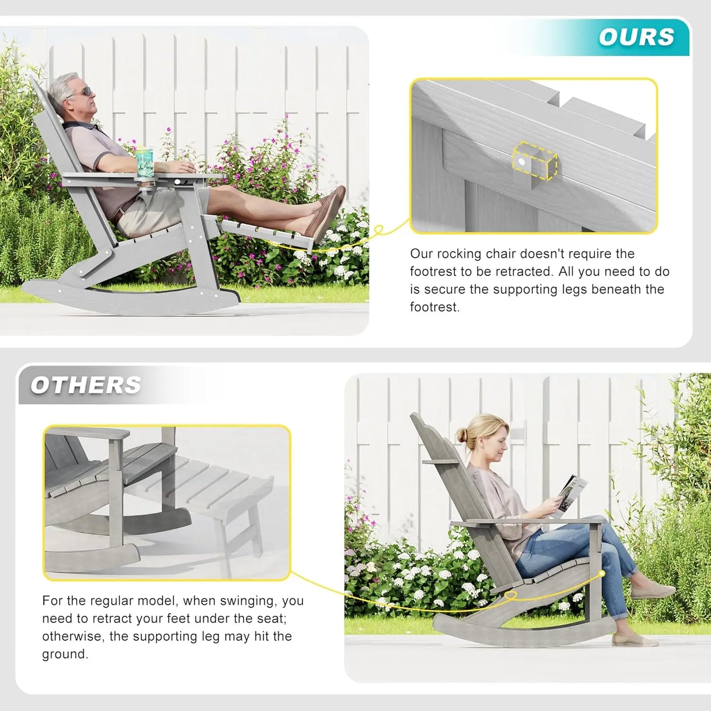 HDPE Folding Rocking Chair Ottoman Cup Holder 3 Position Backrest