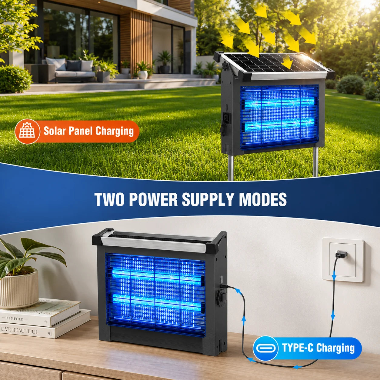Solar Bug Zapper Outdoor Rechargeable Mosquito Killer With Solar Panel