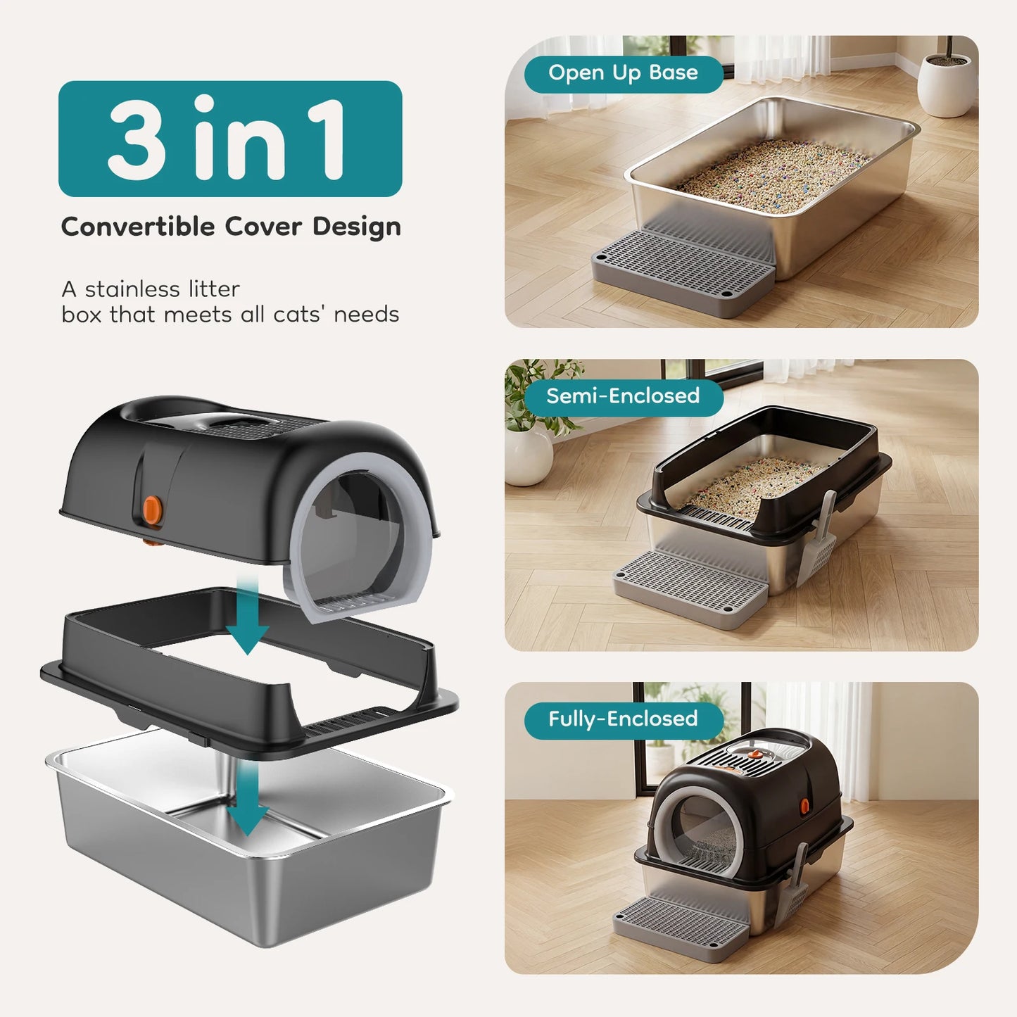 Stainless Steel Cat Litter Box Fully Enclosed With Scoop Mat