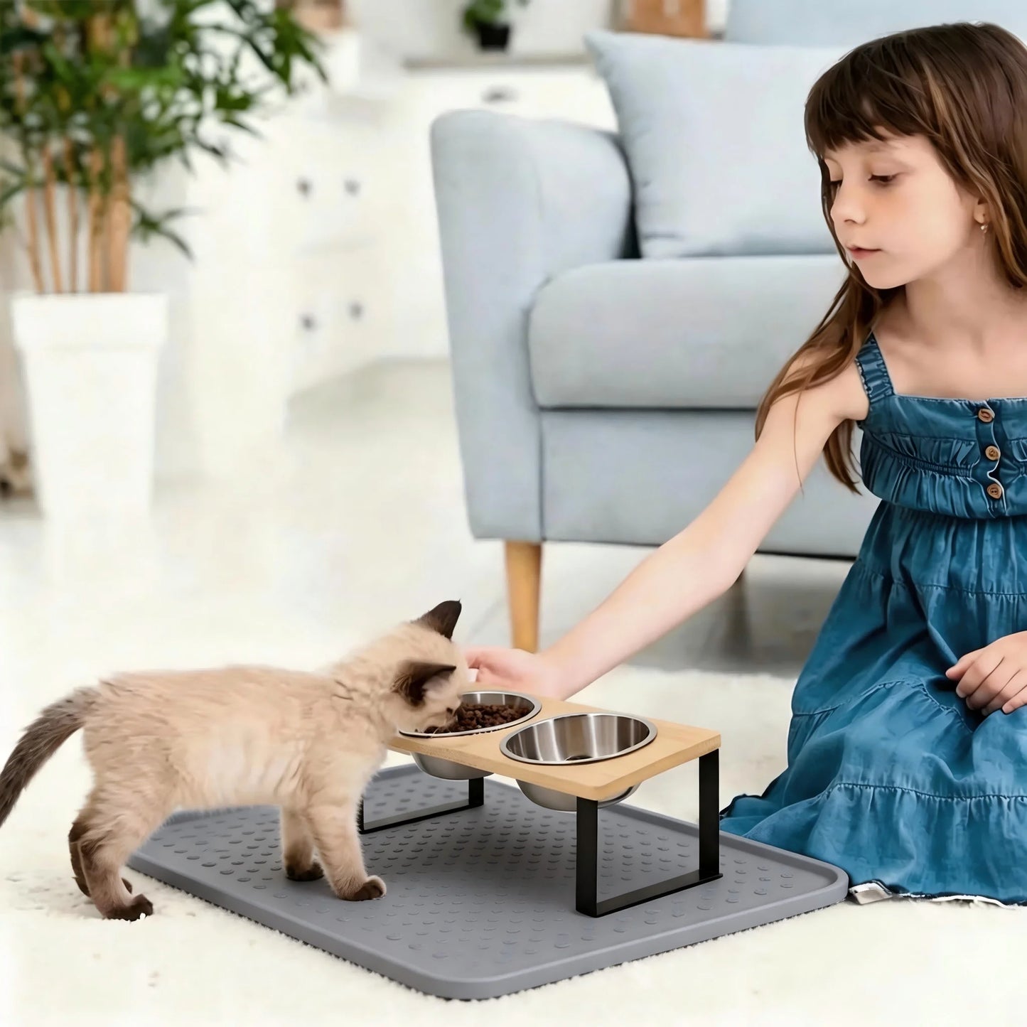 Elevated Tilted Cat Bowls With Wooden Stand And Stainless Bowls