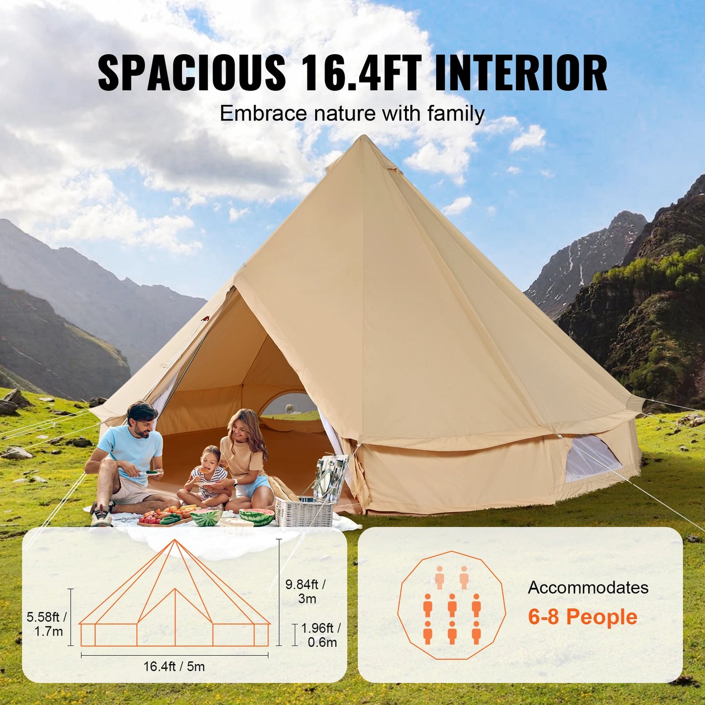 SucceBuy Canvas Bell Tent 4 Seasons 3/4/5/6/7m Yurt Tent Canvas Tent for Camping with Stove Breathable Tent Holds up to 8People