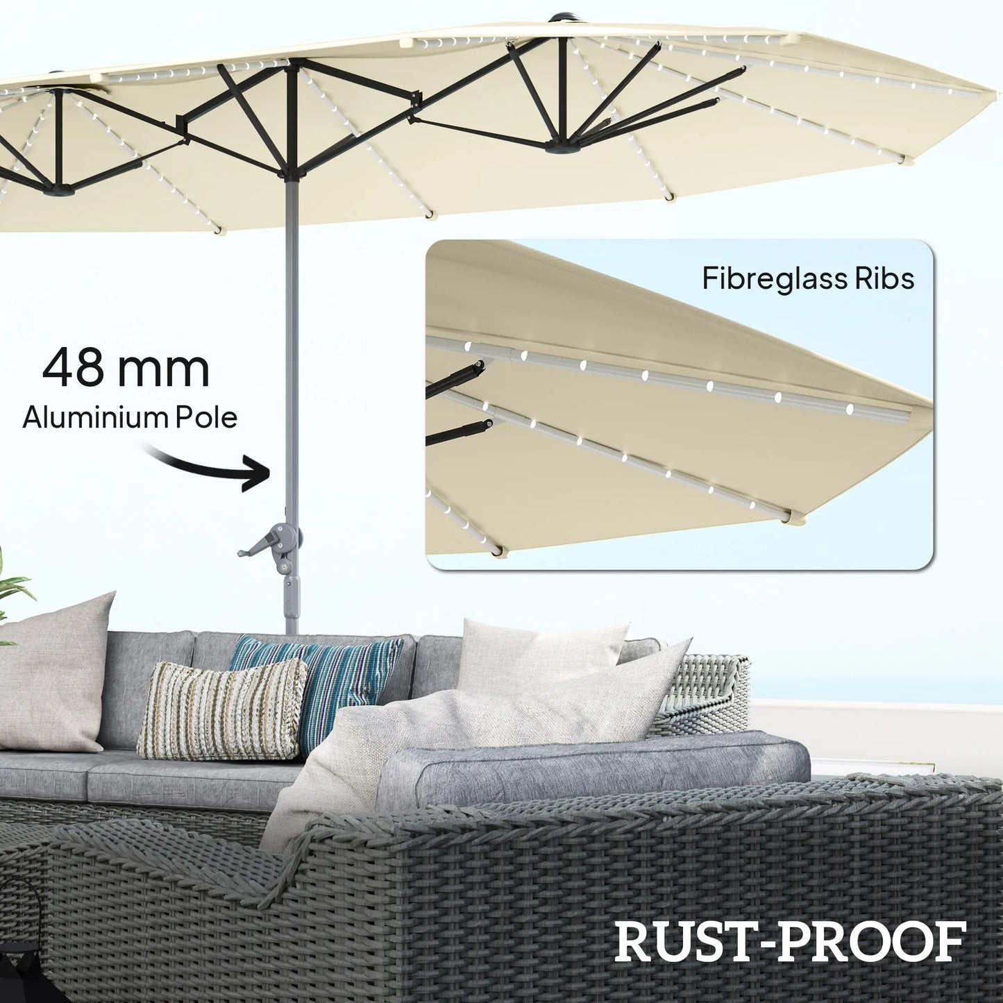 15ft Patio Umbrella Solar Lights UPF50+ Outdoor Umbrella Cream