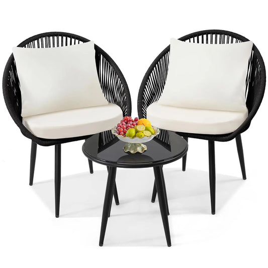 All Weather 3 Piece Bistro Set With Cushioned Rope Chairs