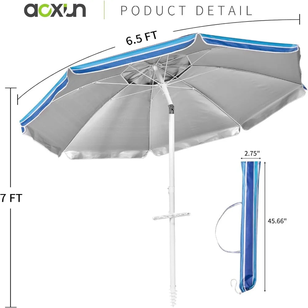 65FT Beach Umbrella Tilt Pole Sand Anchor Carry Bag UPF50 Sun Shelter Air Vents Outdoor Navy White