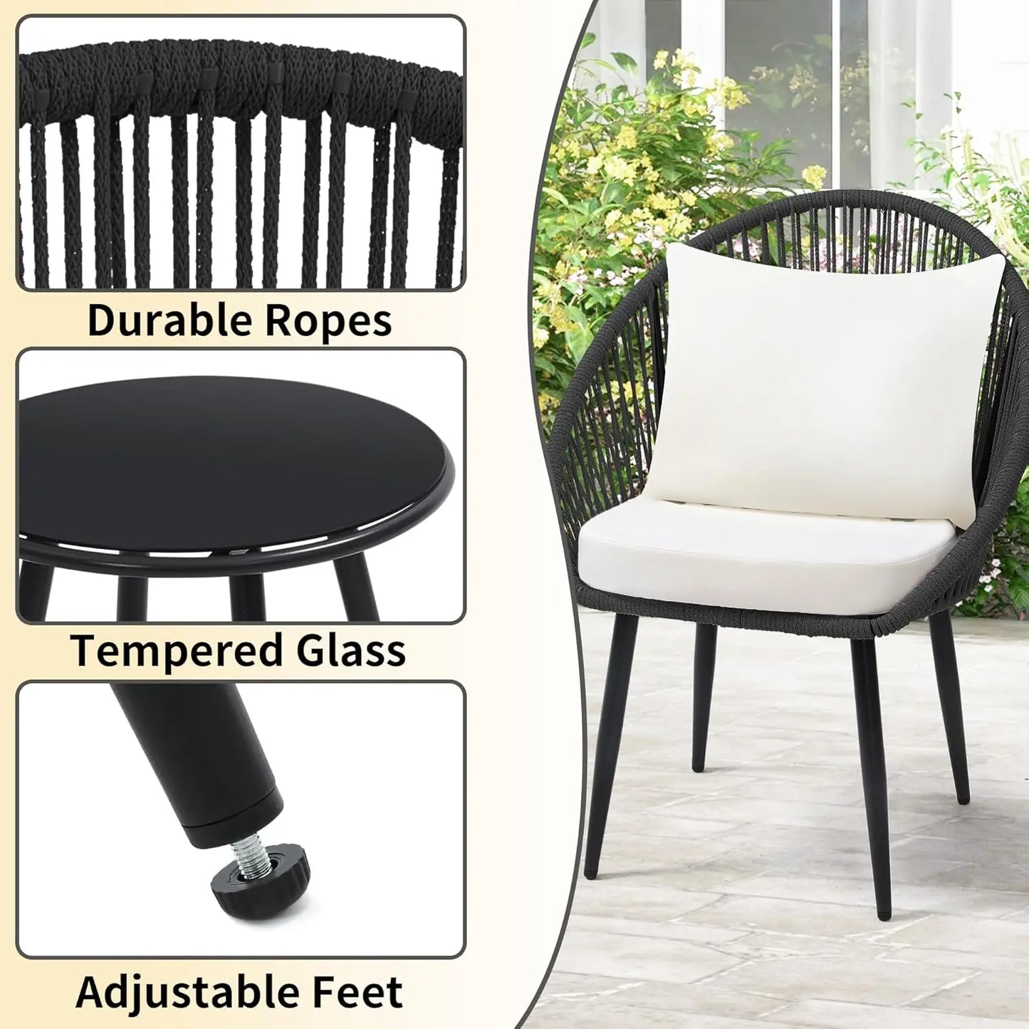All Weather 3 Piece Bistro Set With Cushioned Rope Chairs