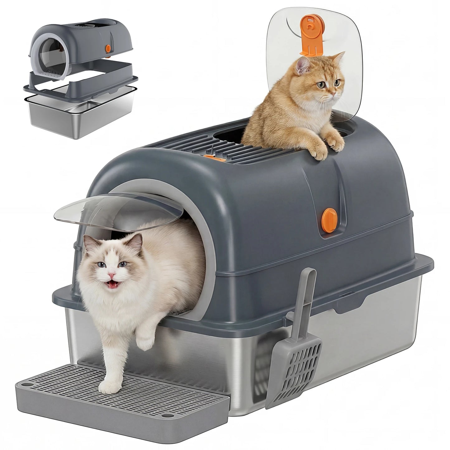Stainless Steel Cat Litter Box Fully Enclosed With Scoop Mat