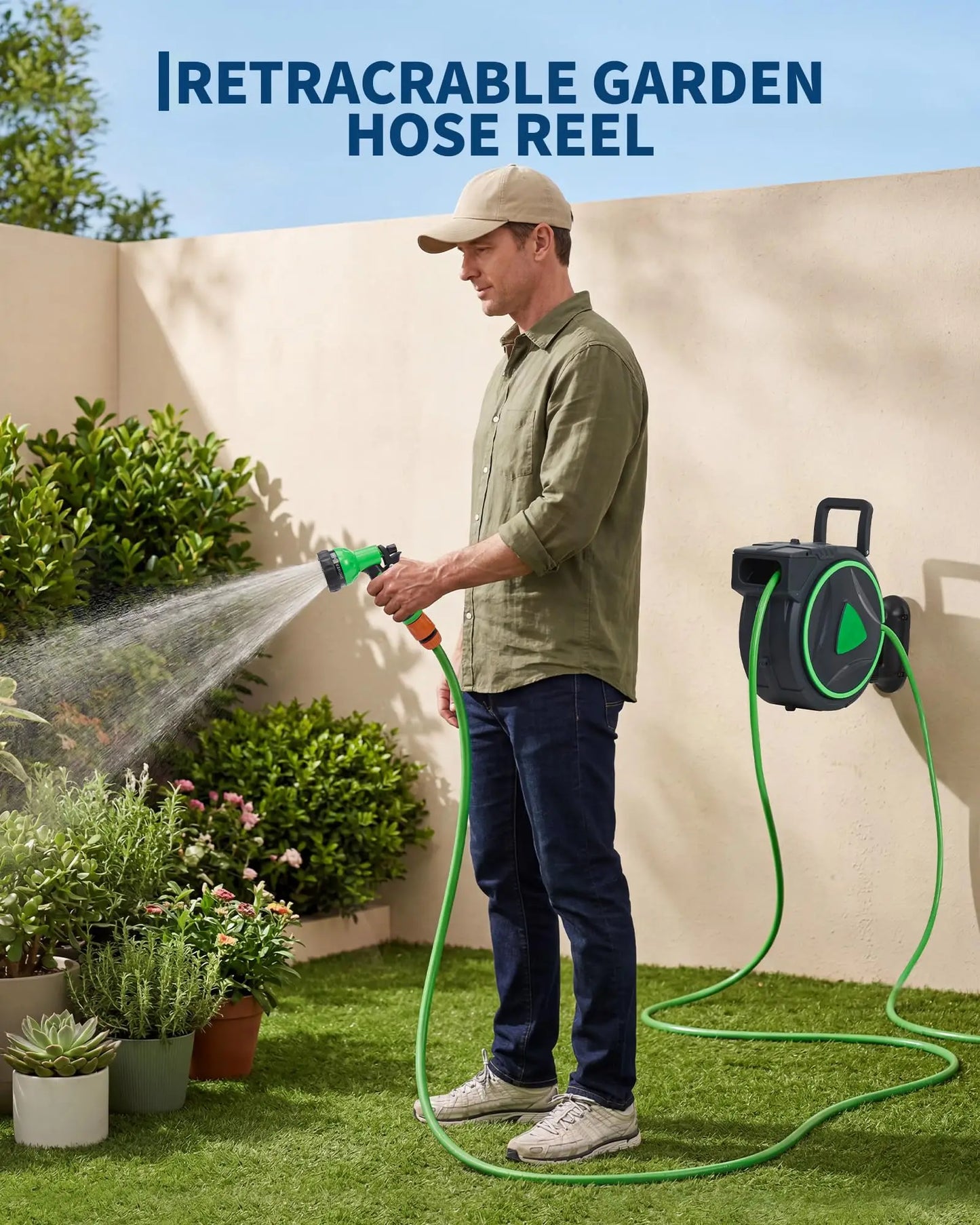 Retractable Garden Hose Reel 1/2 x 65/100 ft & 5/8 x 65/90 ft, 180° Wall Mount Swivel, Auto Rewind For Yard Use