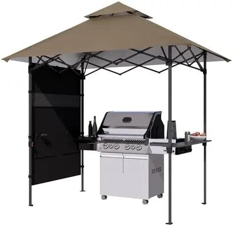 8x5 Pop Up Grill Gazebo - Outdoor BBQ Canopy with Shelf & Sidewall, Portable Barbeque Shelter with 2 Magnetic LED