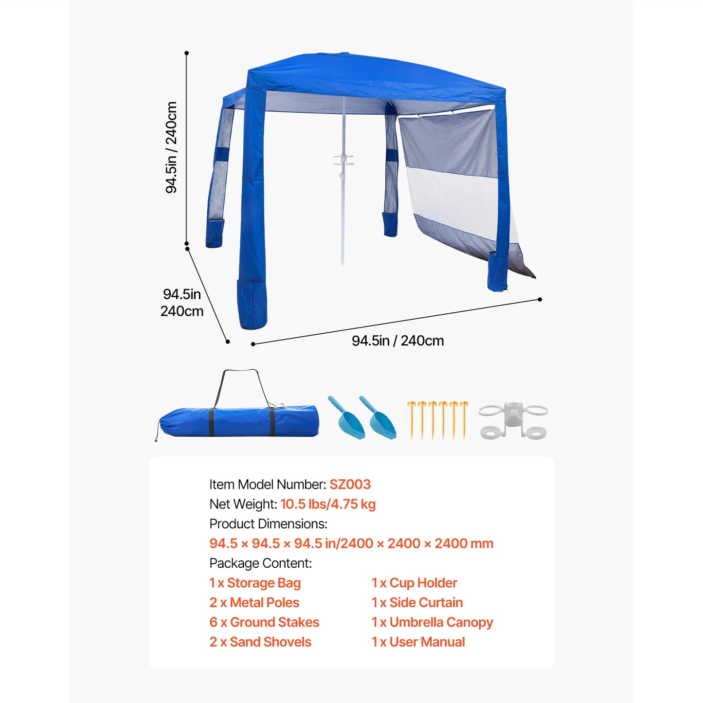 VEVOR Beach Cabana 6 x 6ft/8 x 8ft Beach Canopy with Side Wall Shade Sun Shelter Umbrella with Sand Pockets for Whole Family