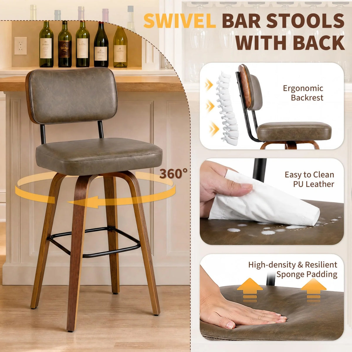 HiMISS Swivel Counter Bar Stools With Faux Leather Back
