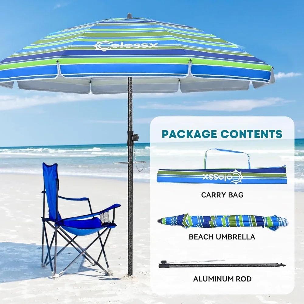 Heavy Duty Windproof Beach Umbrella with Sand Anchor UPF50 UV Tilt Portable Sun Shade for Outdoor Use