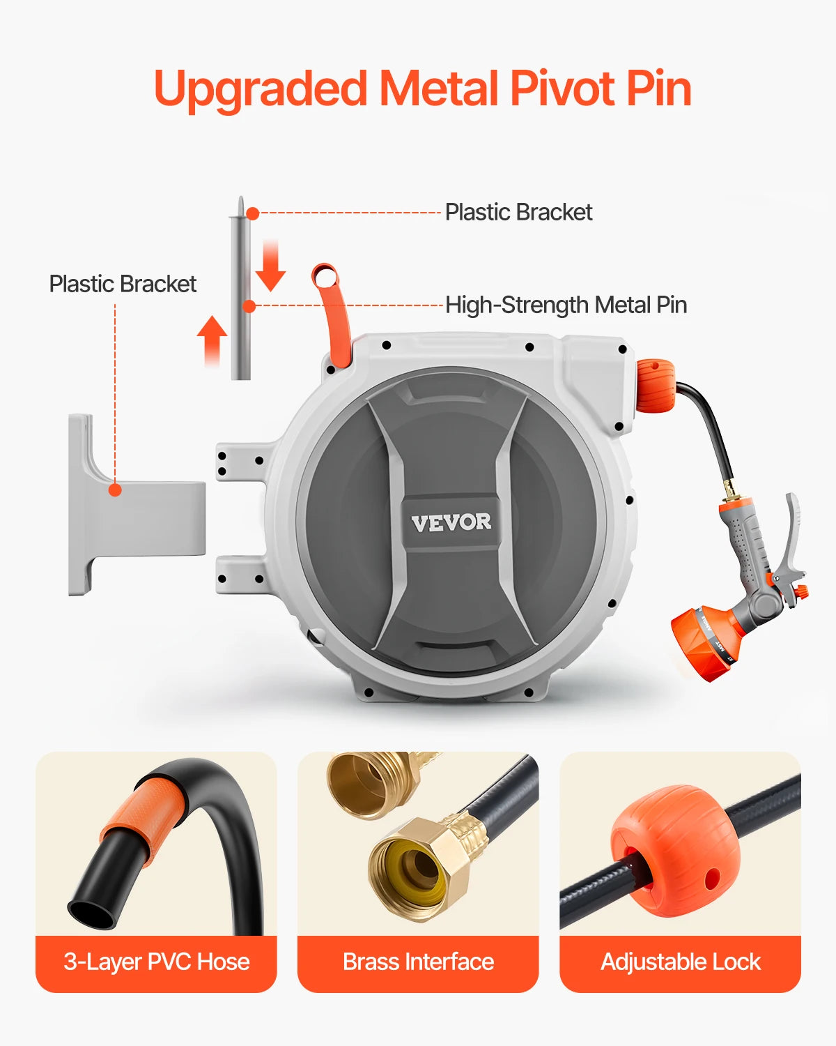 SucceBuy Retractable Garden Hose Reel Wall Mounted Hose Reel Heavy Duty Garden Hose Reel with 9 Patterns Nozzle Swivel Bracket