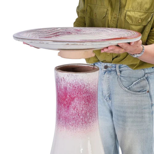 Ceramic Bird Bath With Rose Ivory Ombre Glaze For Garden