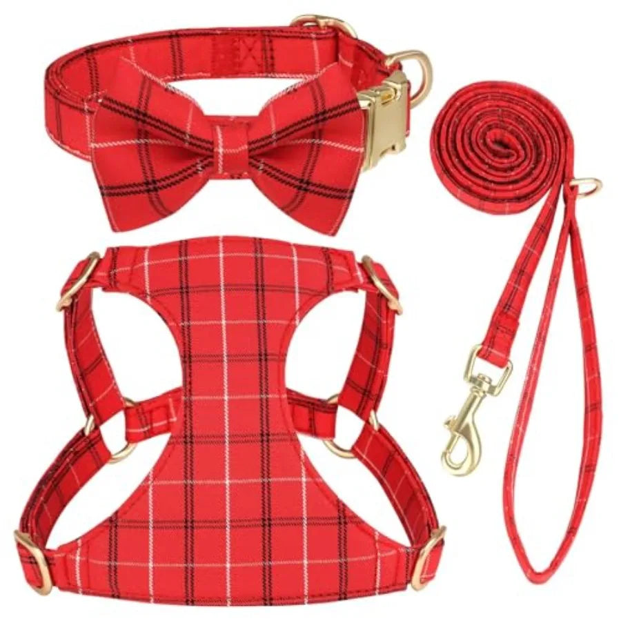 Dog Harness And Leash Set With Bowtie Soft Adjustable Plaid