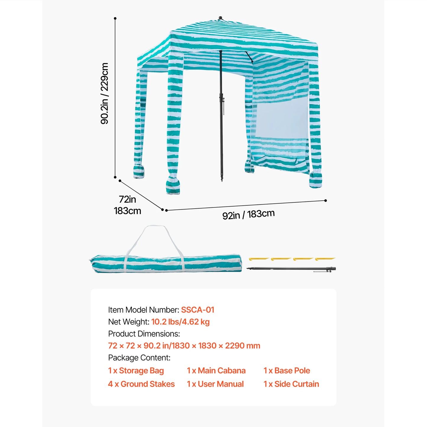 VEVOR Beach Cabana 6 x 6ft/8 x 8ft Beach Canopy with Side Wall Shade Sun Shelter Umbrella with Sand Pockets for Whole Family