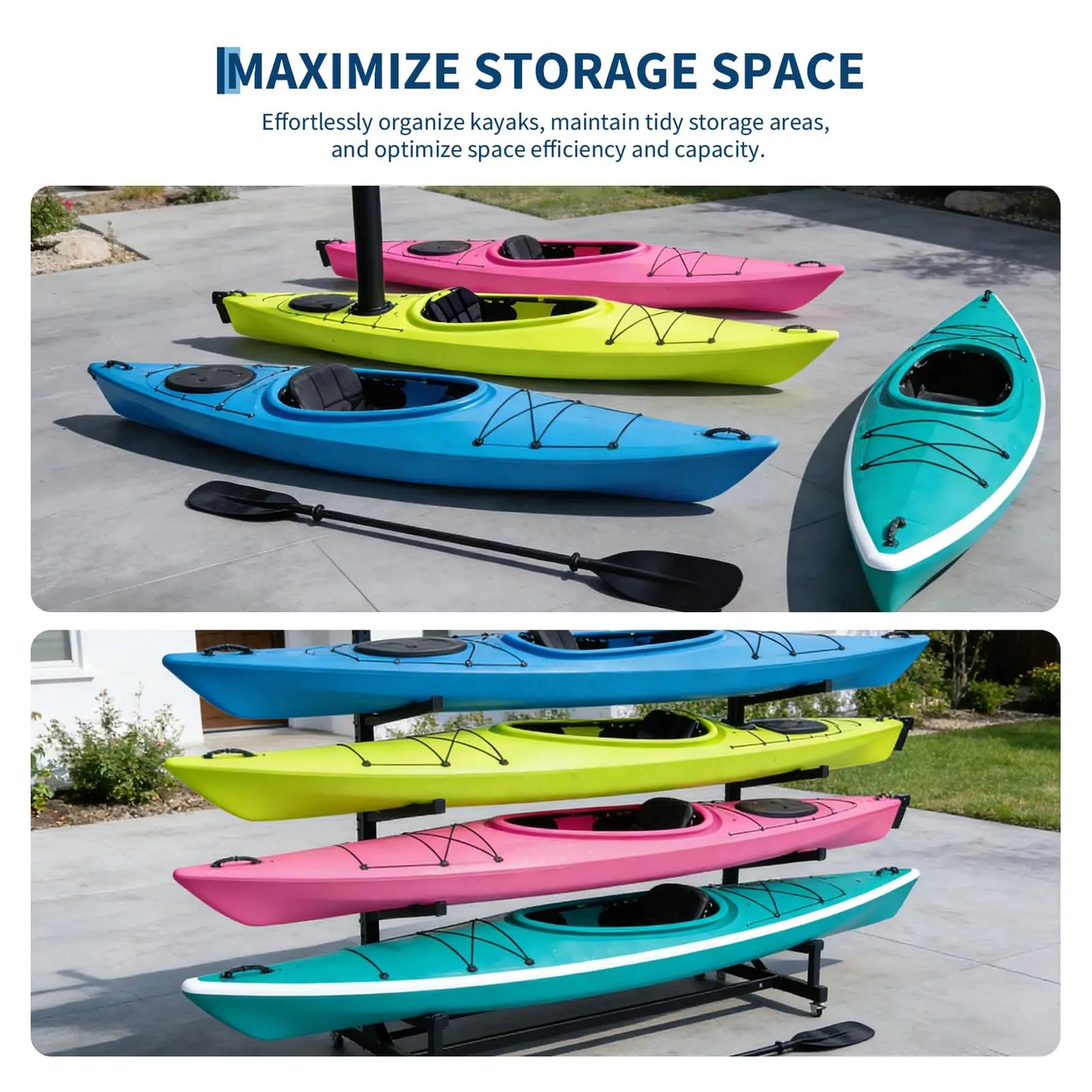 Freestanding Kayak Storage Rack 2/3/4 Tier Adjustable SUP Canoe Stand Heavy Duty Holder With Wheels Outdoor Garage Organizer