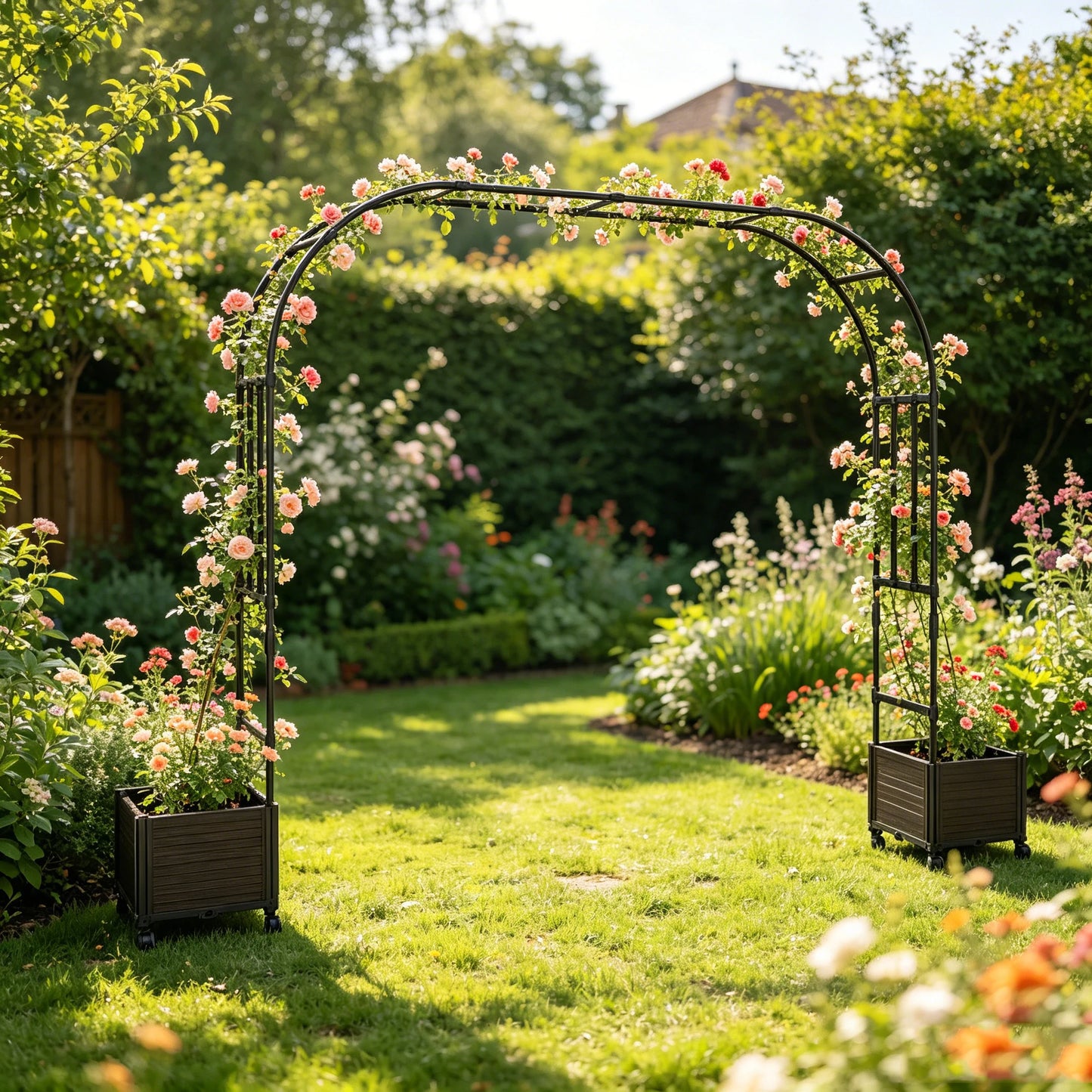 Arch Trellis with Planter Box -Wedding Ceremony Decorations with Wheels, Metal Arch for Garden Arbor Trellis and Climbing Plant