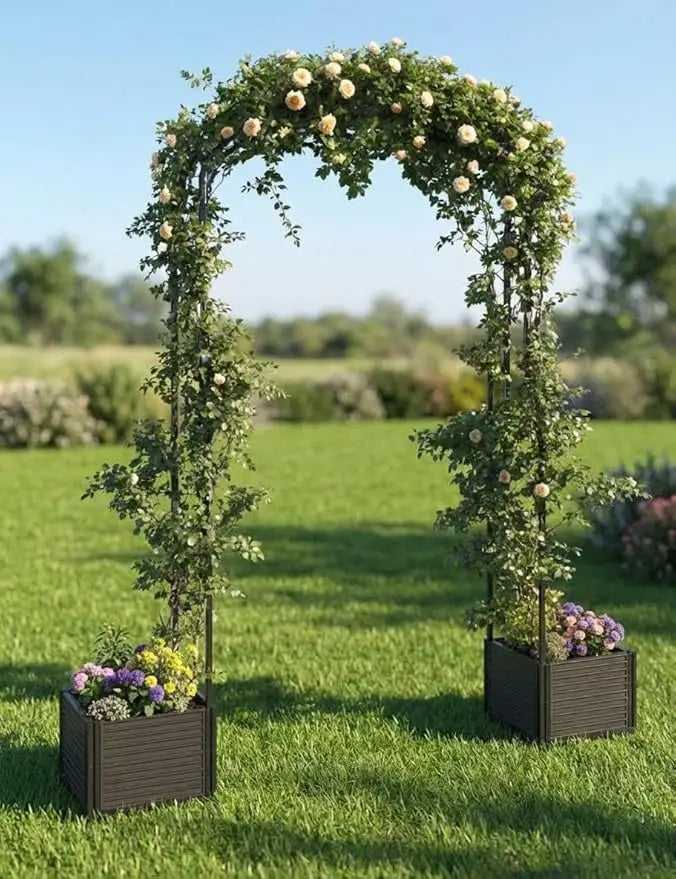 Arch Trellis with Planter Box -Wedding Ceremony Decorations with Wheels, Metal Arch for Garden Arbor Trellis and Climbing Plant