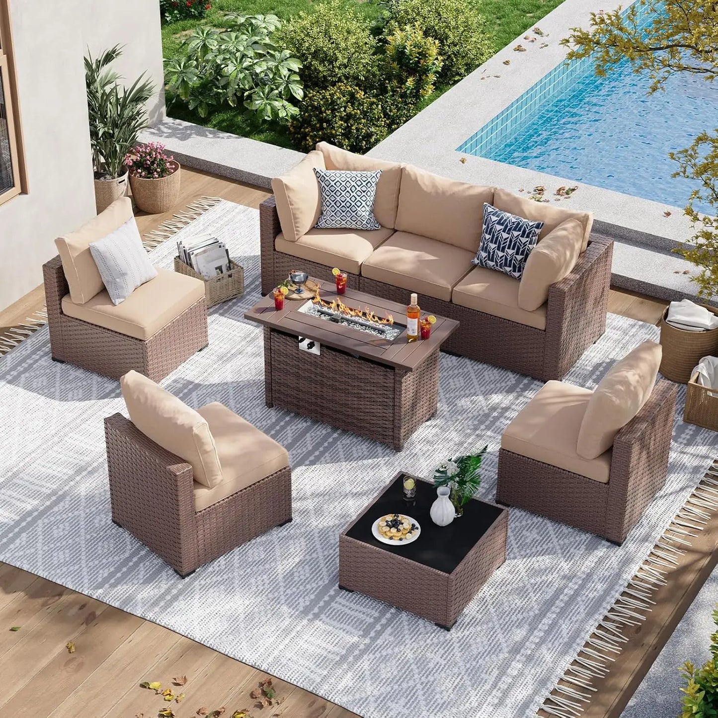 Patio Furniture Set With Fire Pit Table And Wicker Sofa