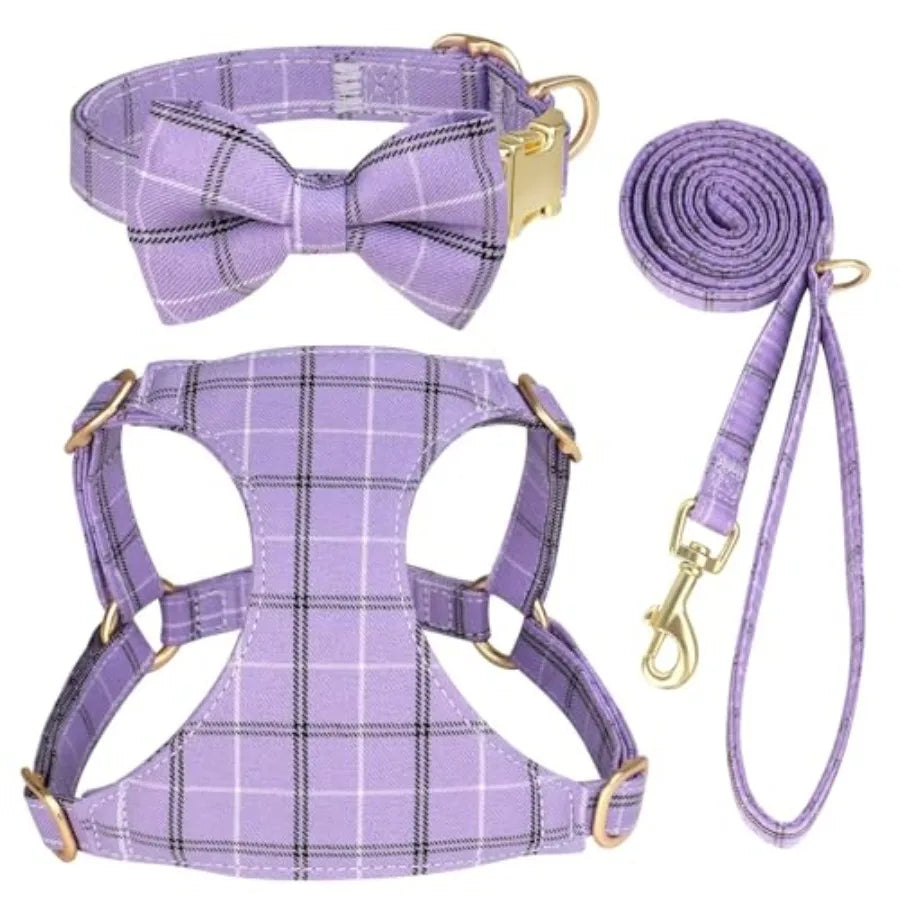 Dog Harness And Leash Set With Bowtie Soft Adjustable Plaid