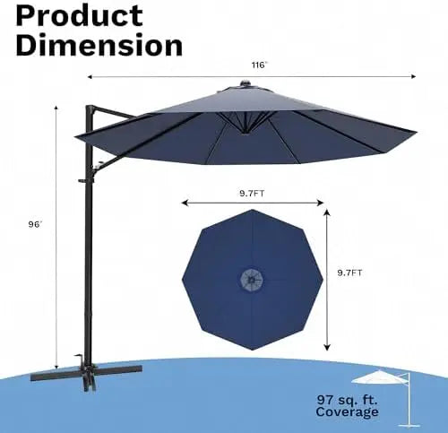 10ft Cantilever Patio Umbrella, Round Large Outdoor Umbrella with 360-Degree Rotation, Hanging Offset Market Sun