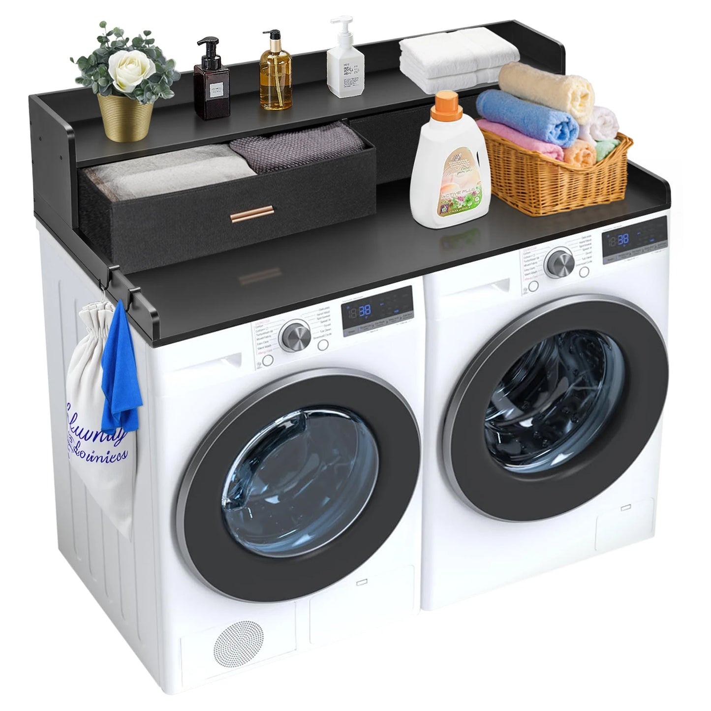 SucceBuy Washer Dryer Countertop w/ Drawer Shelf Wooden Washer and Dryer Countertop Laundry Topper for Laundry Room Organization