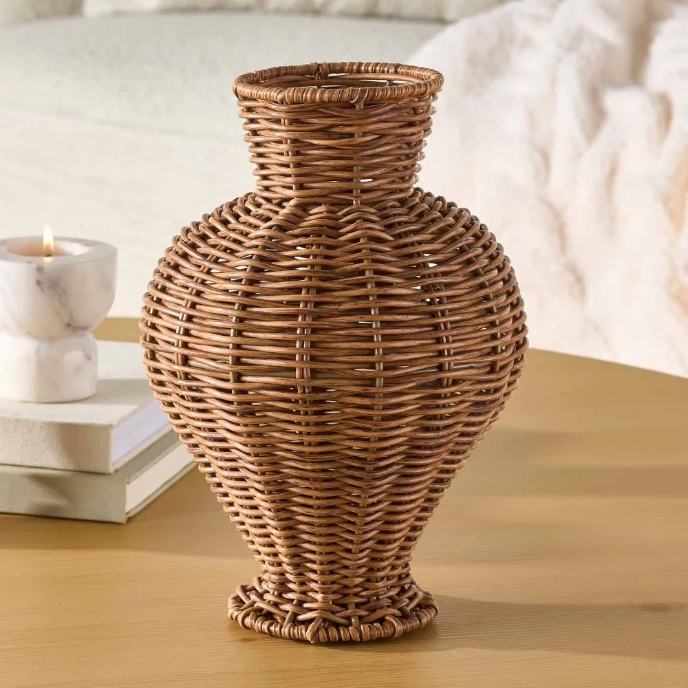 Hot Sale Large Woven Faux Rattan Indoor Vase Brown Planter Home Decor Set of 1