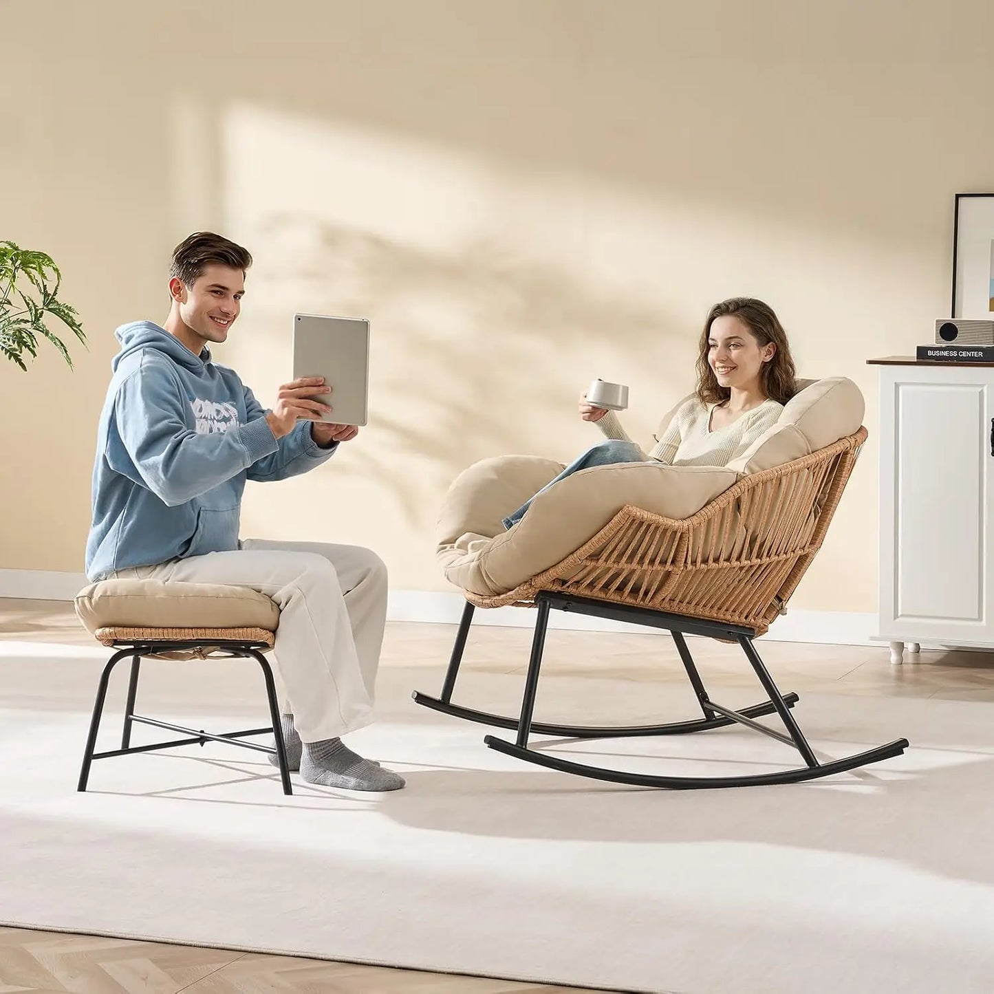 Papasan Rocking Chair With Ottoman For Indoor And Outdoor Living