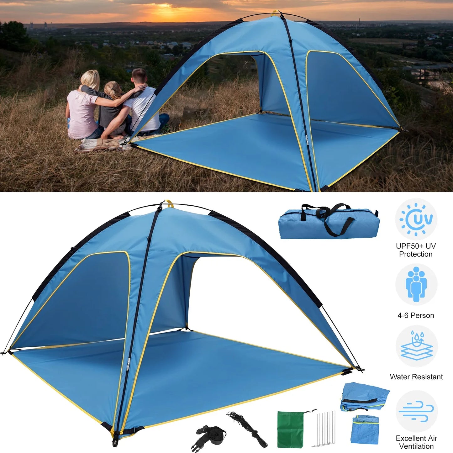 Beach Tent Sun Shelter UPF 50 Plus UV Protection 6.9 x 6.9 ft Canopy for 4 6 Adults Portable Outdoor Shade with Carry Bag
