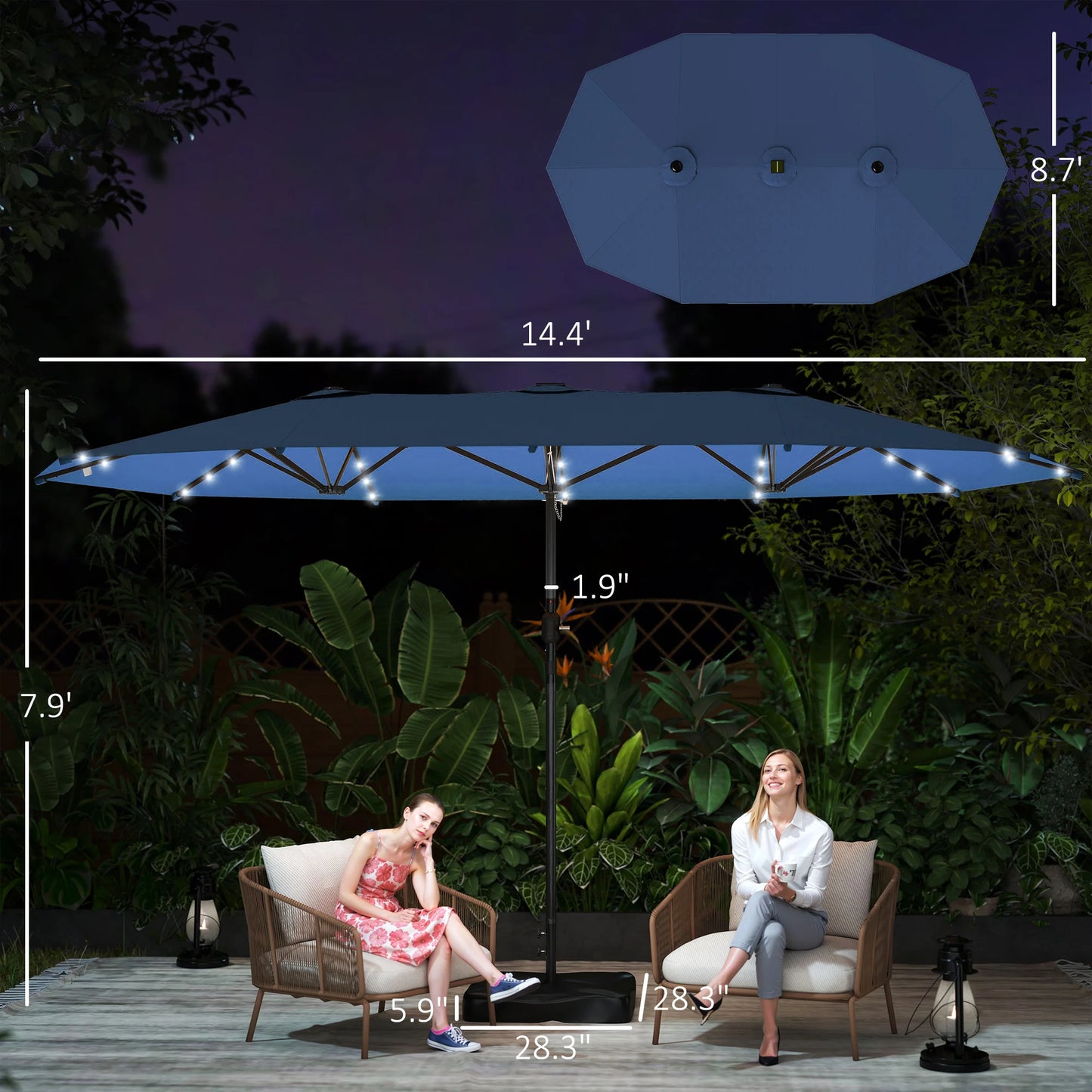 Double-Sided Sun Umbrella, Outdoor Garden Parasol, Patio Sun Shade with Led Solar Light, Sand Base, Navy Blue