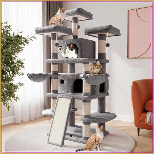 Cat Tree Multi Level Condo With Scratching Posts And Hammocks For Multiple Cats