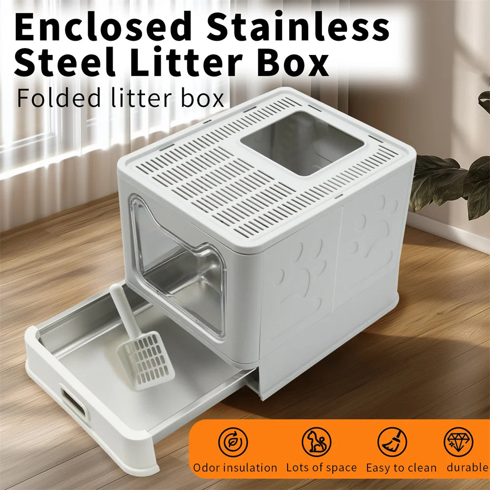 Enclosed Stainless Steel Cat Litter Box With Lid High Sided