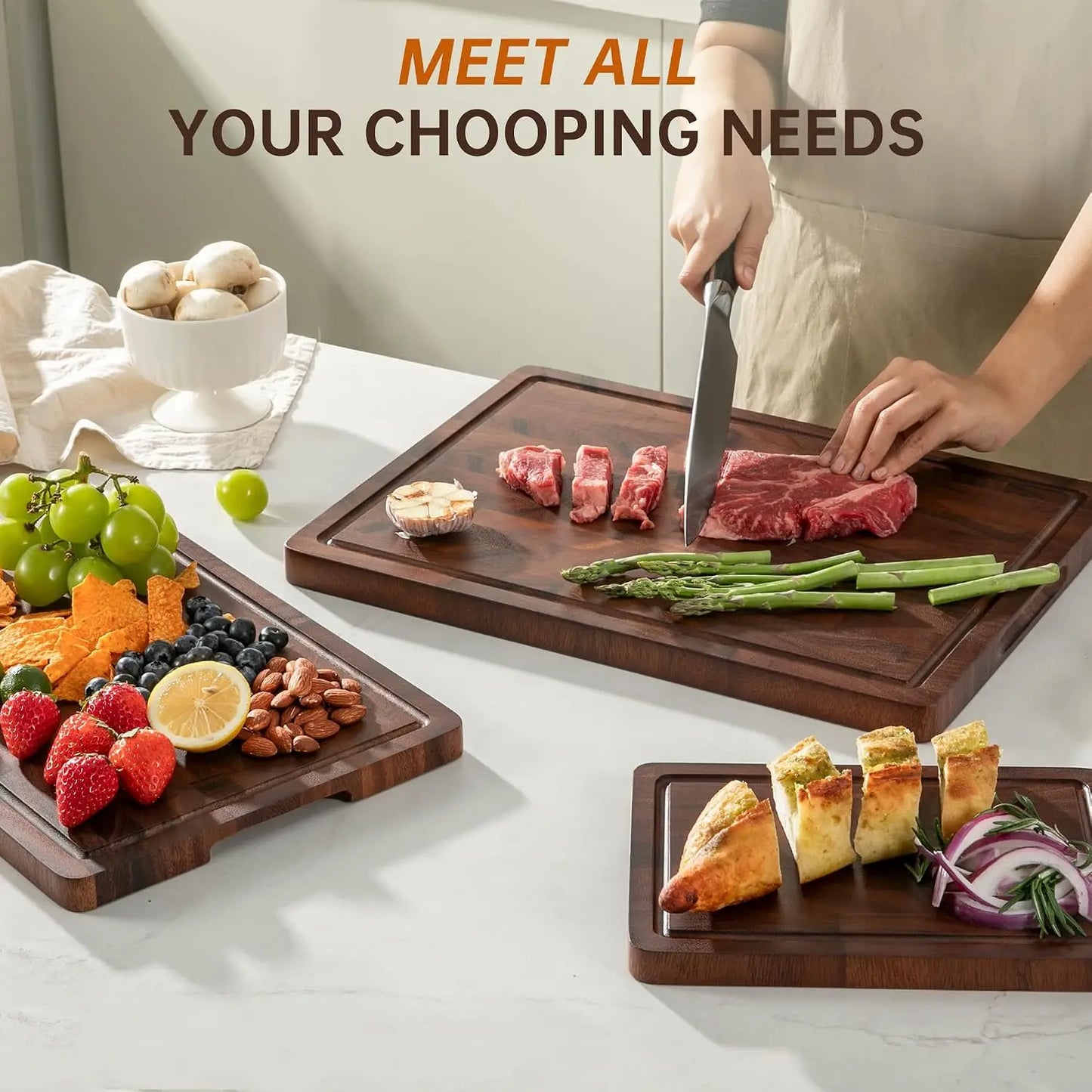 Walnut End Grain Cutting Board Set, Double Sided Butcher Block with Handle, Non Toxic Wooden Charcuterie Board for Kitchen, Gift Box