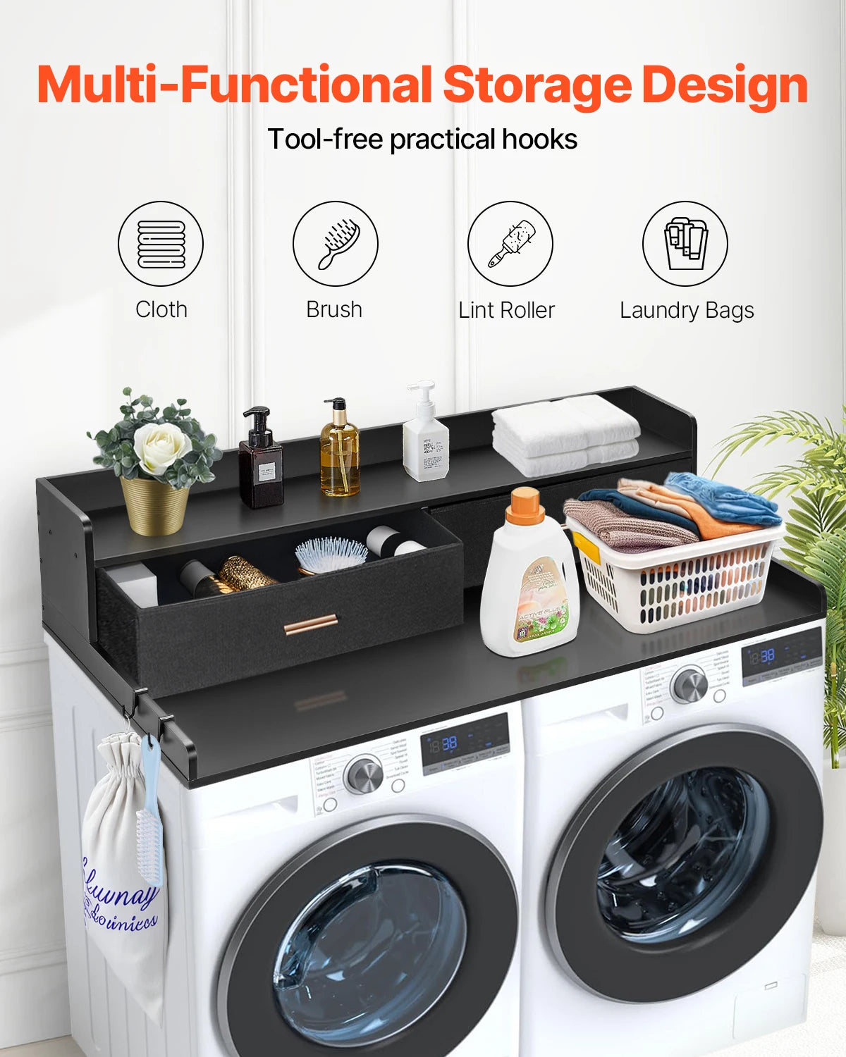 SucceBuy Washer Dryer Countertop w/ Drawer Shelf Wooden Washer and Dryer Countertop Laundry Topper for Laundry Room Organization