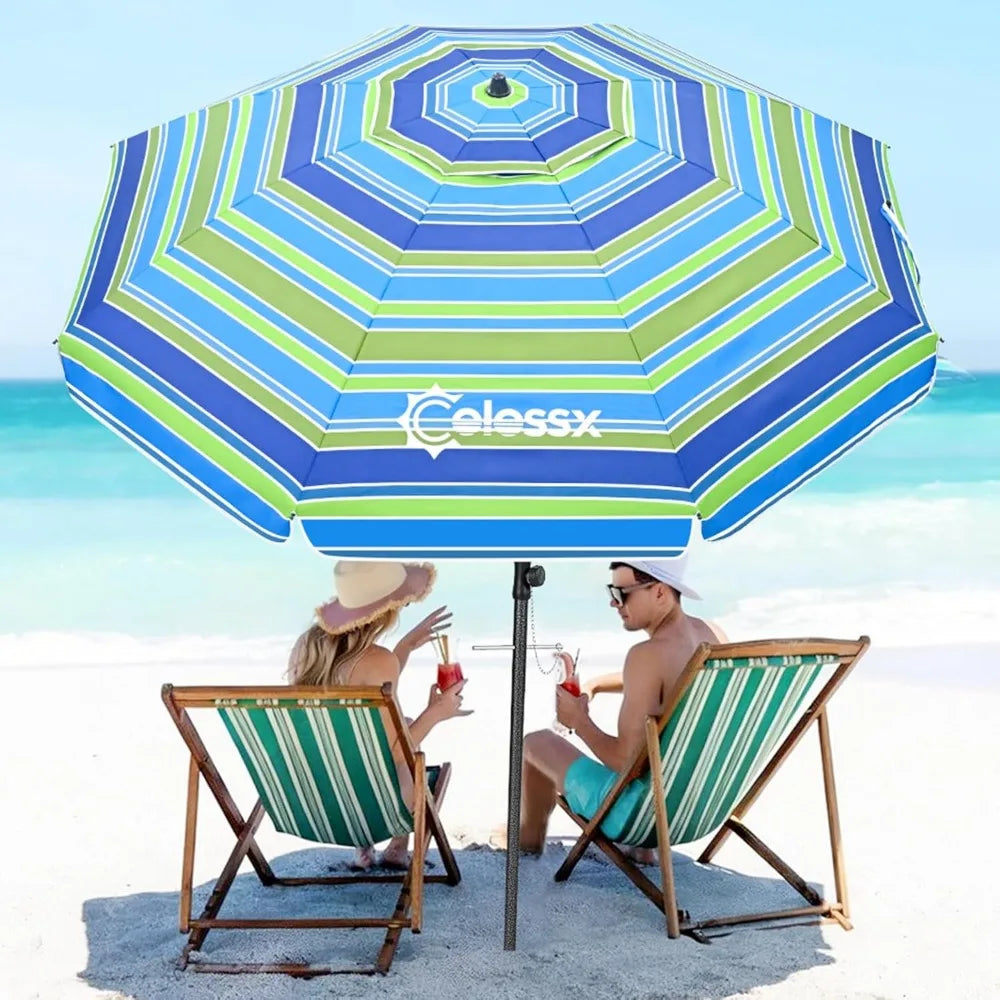 Heavy Duty Windproof Beach Umbrella with Sand Anchor UPF50 UV Tilt Portable Sun Shade for Outdoor Use